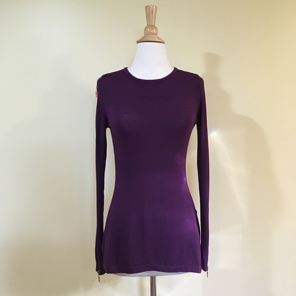 Zippered Cuff Split Sides Long Sweater Top Plum - Picture 4 of 7